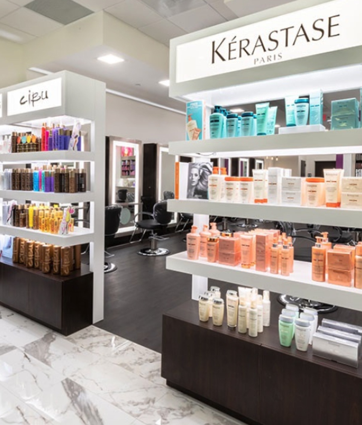 Image of the inside of a Bubbles salon showing a set of product shelves